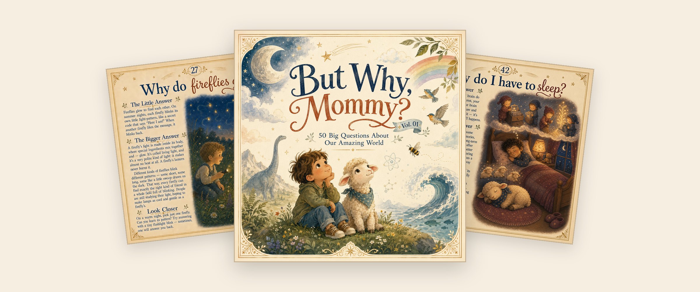 But Why, Mommy? Volume One, with two inside pages fanned behind it
