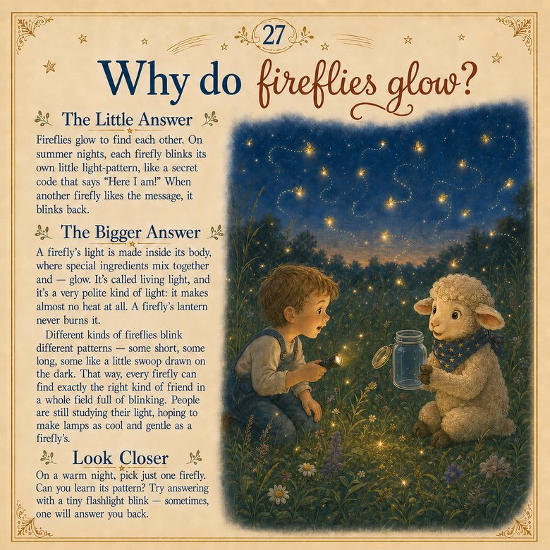 The page for "Why do fireflies glow?" — a child with a torch and a lamb with a jar in a summer field