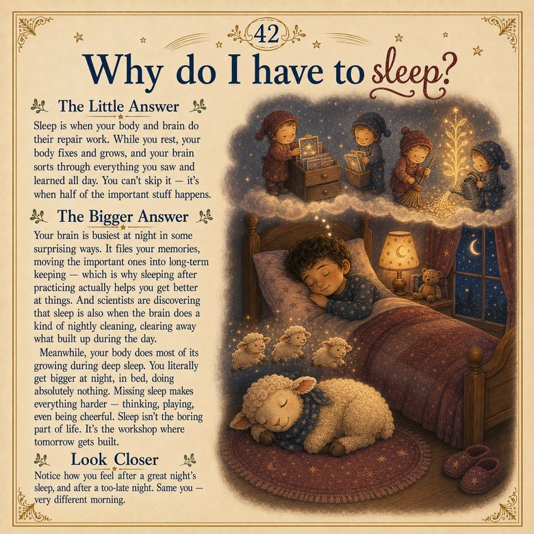 The page for "Why do I have to sleep?" — a sleeping child, with a dream-crew filing memories overhead