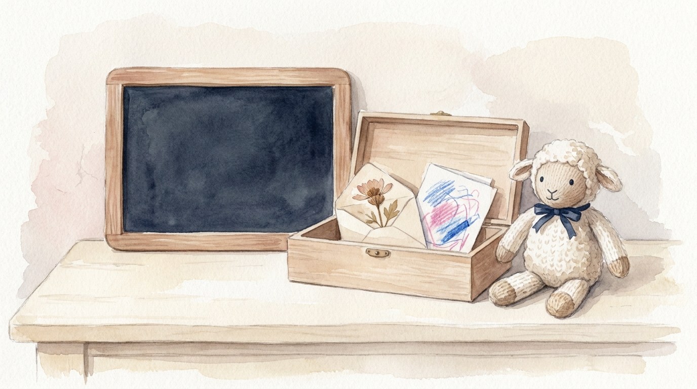 A chalkboard slate, a wooden keepsake box and a knitted lamb