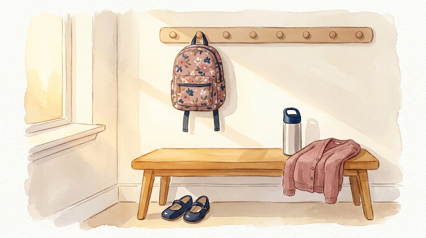 A small backpack on a low peg by the door, ready for the first day