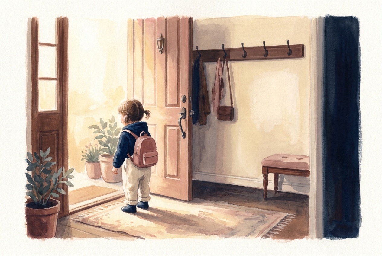 A little one heading out the door for the first day of school
