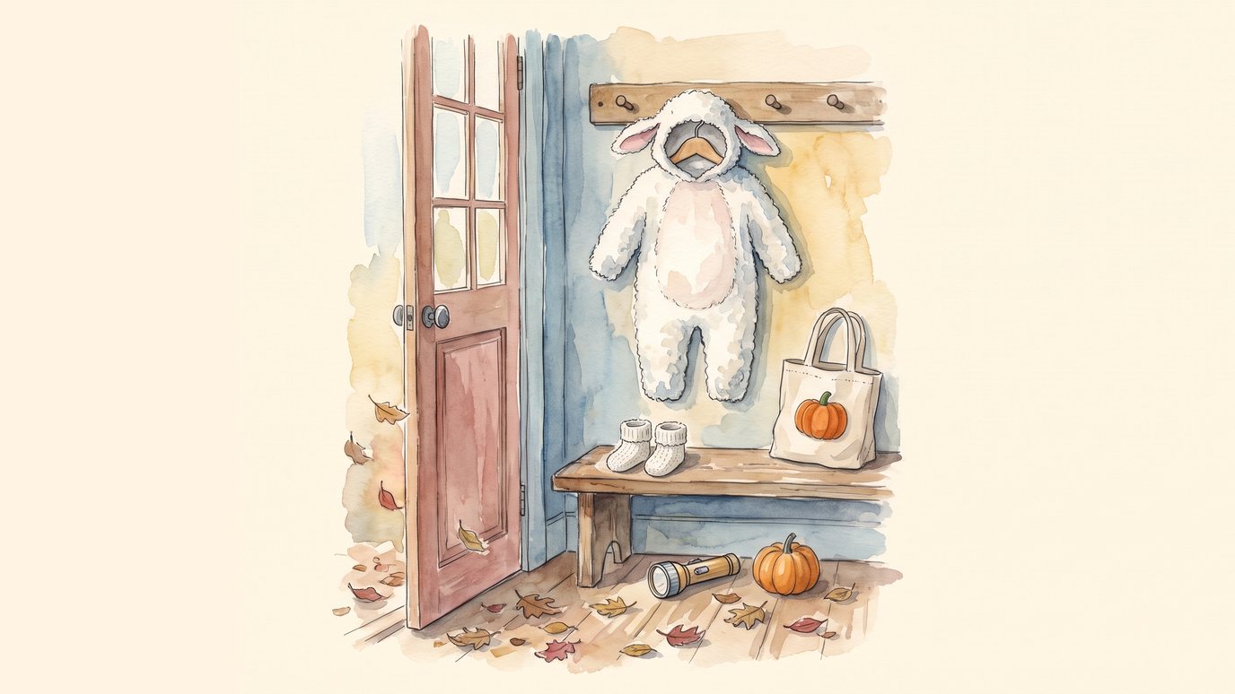 A watercolor of a small white lamb costume hanging on a peg rail by an open door, with booties, a canvas treat bag and a flashlight on the bench below