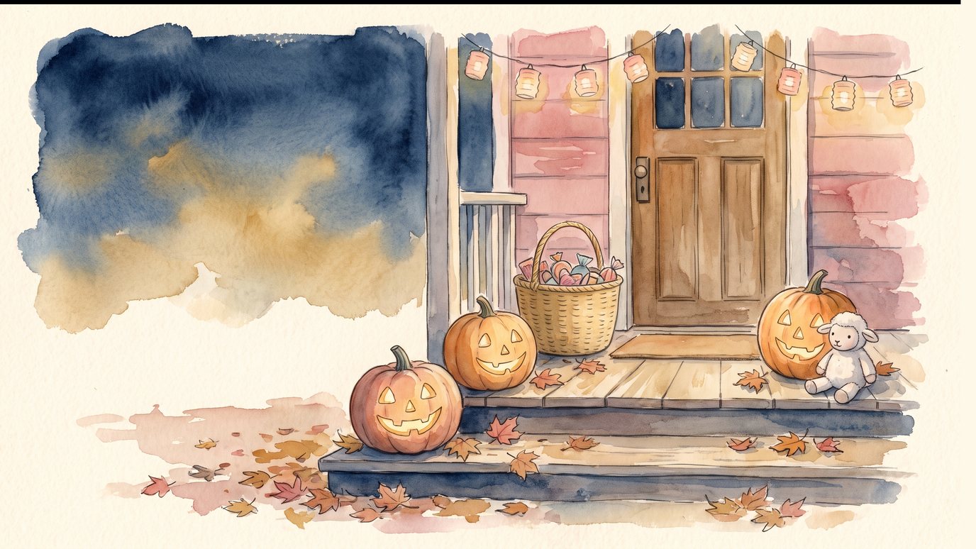 A watercolor of a front porch at dusk with three glowing pumpkins, a basket of treats and a small toy lamb on the steps