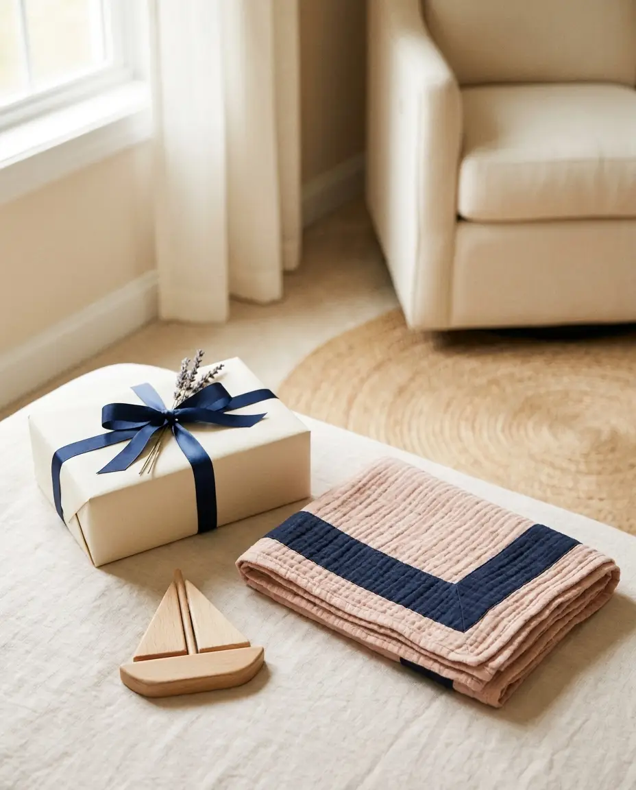 A softly-lit nursery gift scene in navy, cream, and blush